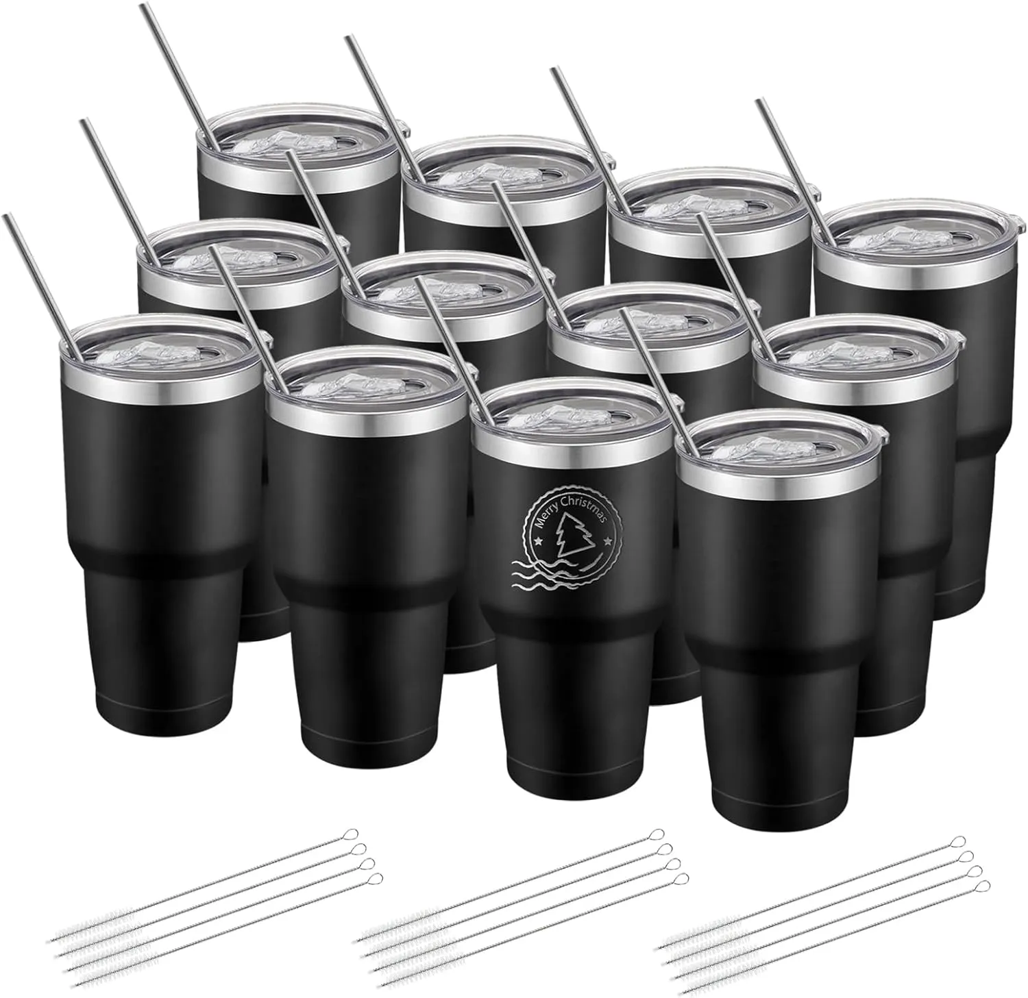 12 Pack Insulated Tumbler Powder Coated Stainless Steel Double Wall Vacuum Travel Coffee Tumbler Cup with Lid and Straw for Laser Engrave DIY Gift 30oz Black