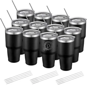 12 Pack Insulated Tumbler Powder Coated Stainless Steel Double Wall Vacuum Travel Coffee Tumbler Cup with Lid and Straw for Laser Engrave DIY Gift 30oz Black