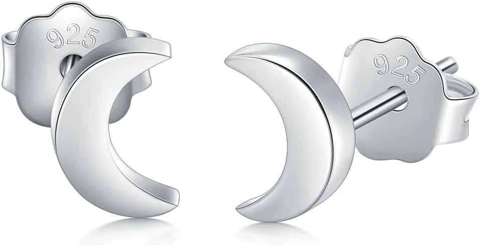 925 Sterling Silver Stud Earrings, BoRuo Crescent Moon, Star, Sun High Polish Tarnish Resistant Earrings