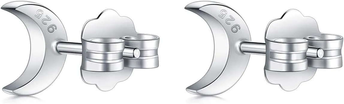 925 Sterling Silver Stud Earrings, BoRuo Crescent Moon, Star, Sun High Polish Tarnish Resistant Earrings