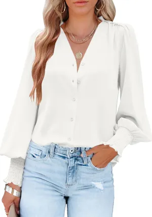 Aifer Womens Blouse Lantern Long Sleeve Dressy Casual Tops V Neck Button Down Shirts Blouses 2025