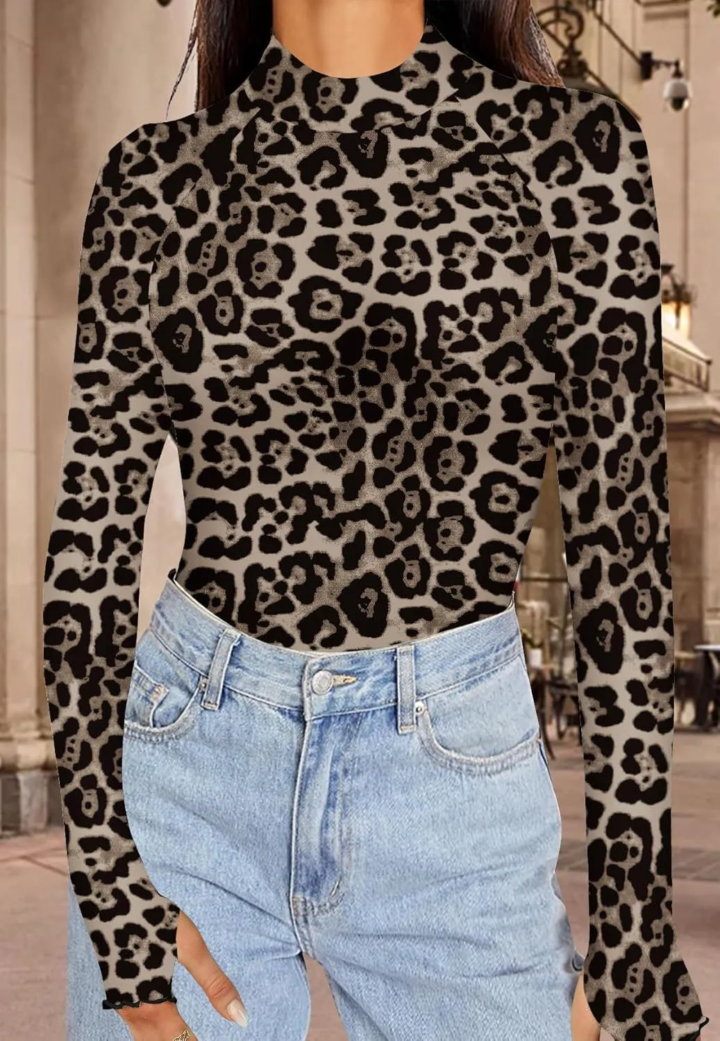 Aoulaydo Long Sleeve Floral Mesh Tops Mockneck Going Out Tops for Women Fashion Spring Outfits 2025