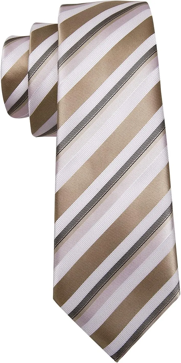Barry.Wang Man Stripe Ties Set Silk Woven Pocket Square Necktie Cufflinks Formal Party Business