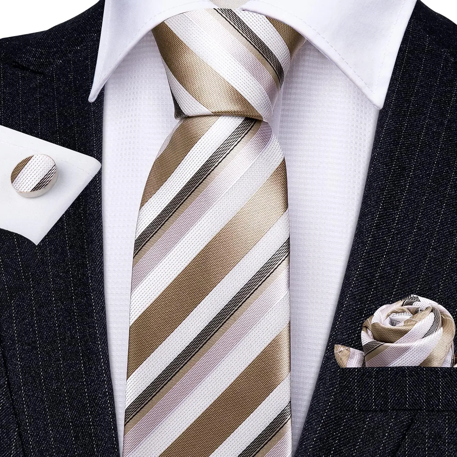 Barry.Wang Man Stripe Ties Set Silk Woven Pocket Square Necktie Cufflinks Formal Party Business