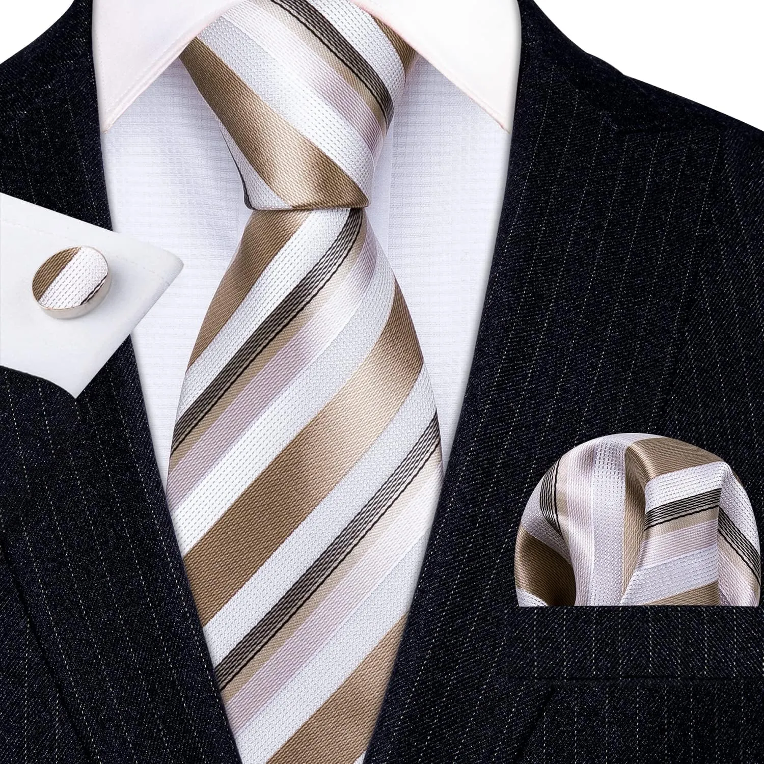 Barry.Wang Man Stripe Ties Set Silk Woven Pocket Square Necktie Cufflinks Formal Party Business