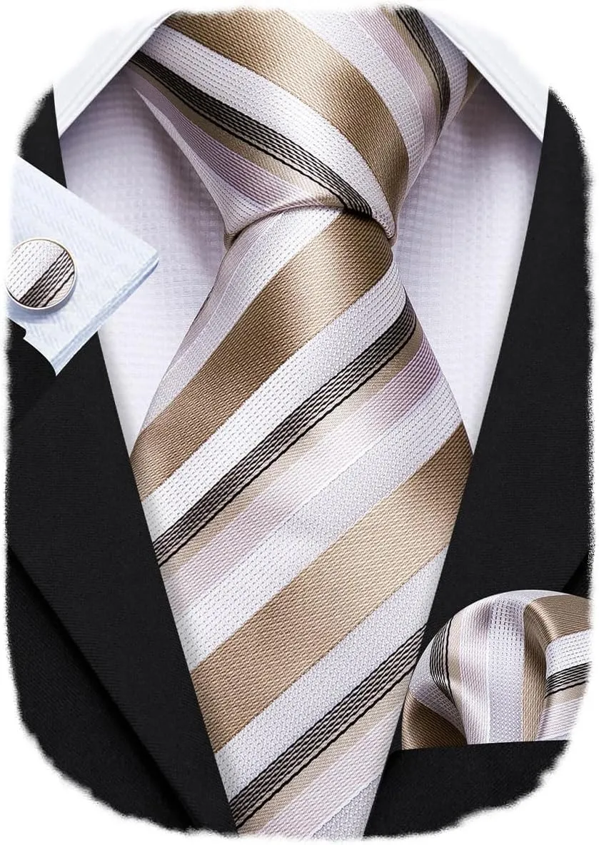 Barry.Wang Man Stripe Ties Set Silk Woven Pocket Square Necktie Cufflinks Formal Party Business