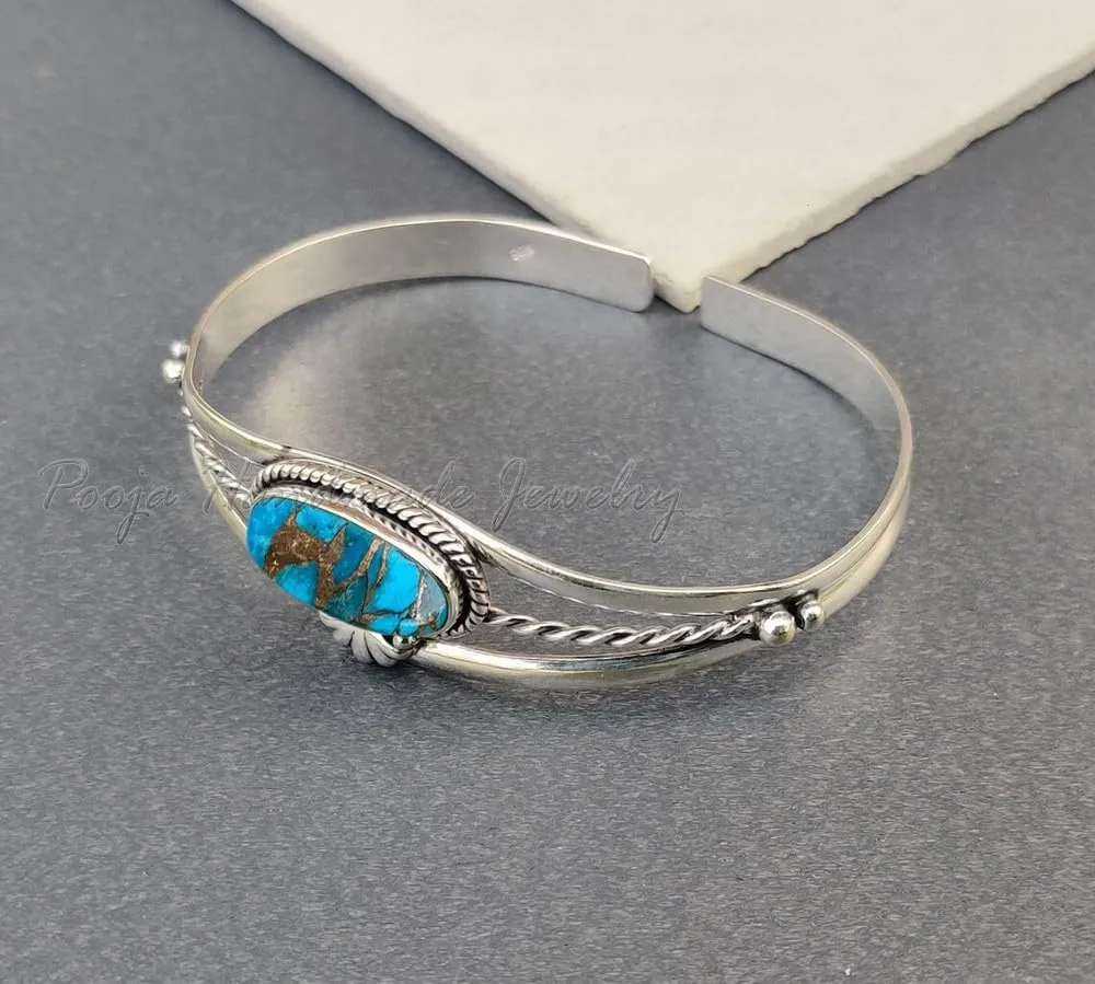 Blue Copper Turquoise Cuff Bracelet, 925 Sterling Silver, Delicate Bangle, Oval Turquoise Bangle, Statement Bracelet, Adjustable Bracelet, Turquoise Gemstone, Christmas Day Gift