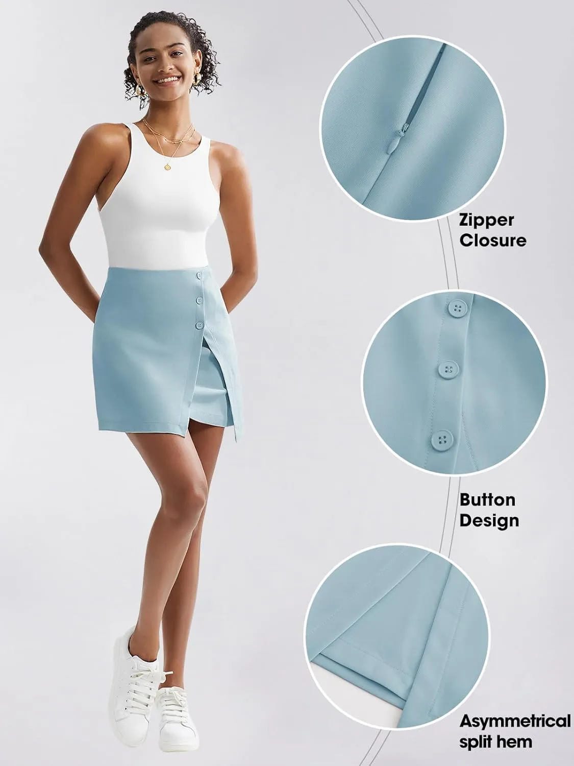Byinns Women's Mini Skirts High Waisted Casual A Line Button Up Asymmetrical Split Hem Zip Back Workwear Short Skirt