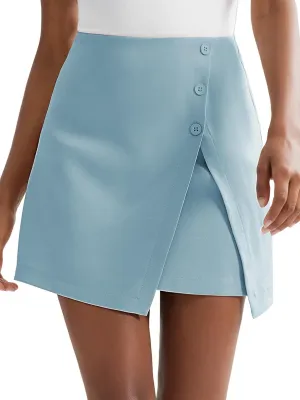 Byinns Women's Mini Skirts High Waisted Casual A Line Button Up Asymmetrical Split Hem Zip Back Workwear Short Skirt