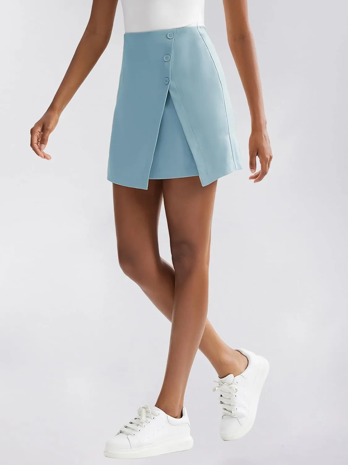 Byinns Women's Mini Skirts High Waisted Casual A Line Button Up Asymmetrical Split Hem Zip Back Workwear Short Skirt
