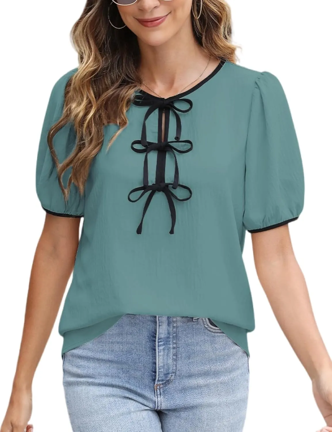 CiCiBird Womens Dressy Casual Shirt Summer Work Blouses Tie Front Puff Short Sleeve Tops