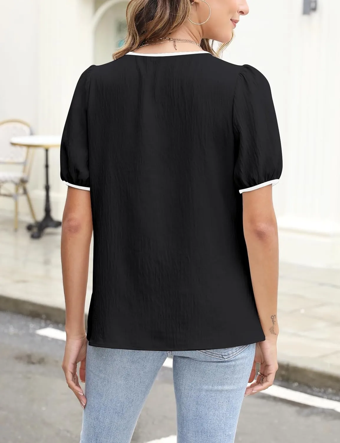 CiCiBird Womens Dressy Casual Shirt Summer Work Blouses Tie Front Puff Short Sleeve Tops