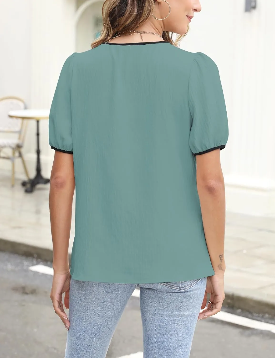 CiCiBird Womens Dressy Casual Shirt Summer Work Blouses Tie Front Puff Short Sleeve Tops