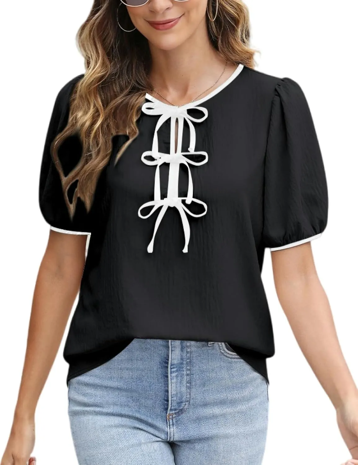 CiCiBird Womens Dressy Casual Shirt Summer Work Blouses Tie Front Puff Short Sleeve Tops