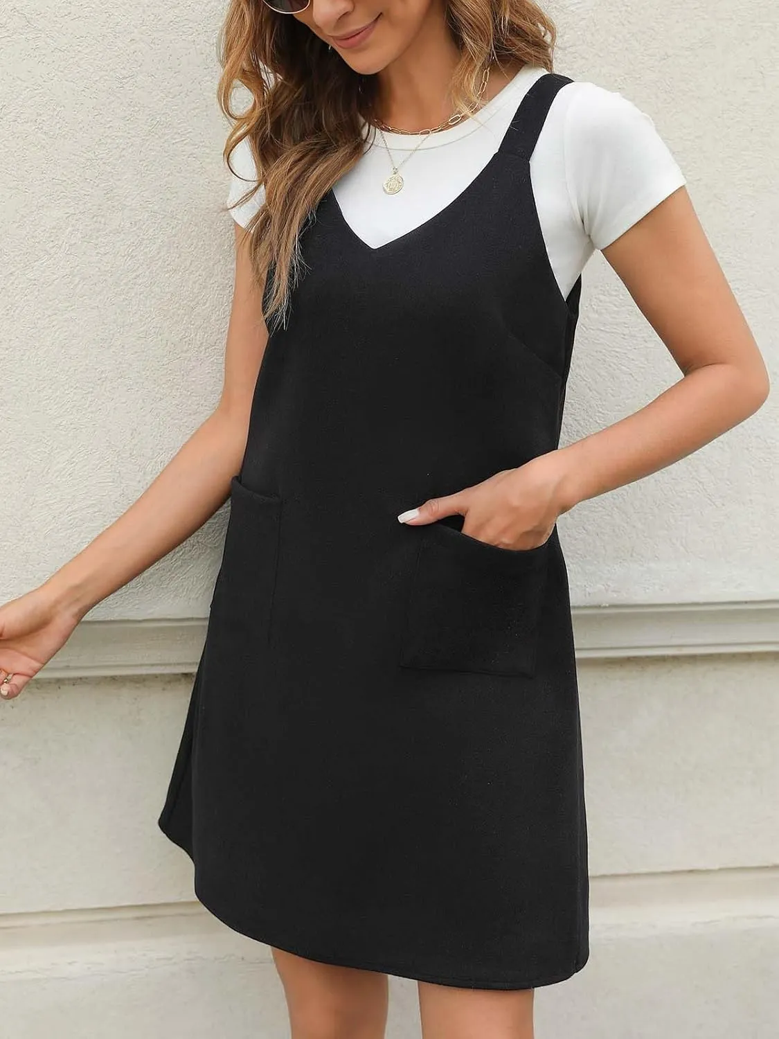 CUPSHE Fall Dresses for Women V Neck Plaid Sleeveless Wide Strpas Pockets Casual Pinafore Mini Overall Dress