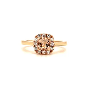 Cushion Morganite Ring with Diamond Halo in 14K Rose Gold