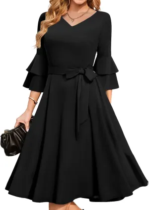 DRESSTELLS Cocktail Dress 2025, Long Bell Sleeves & V-Neck, Formal Bridesmaid Prom Dresses for Party