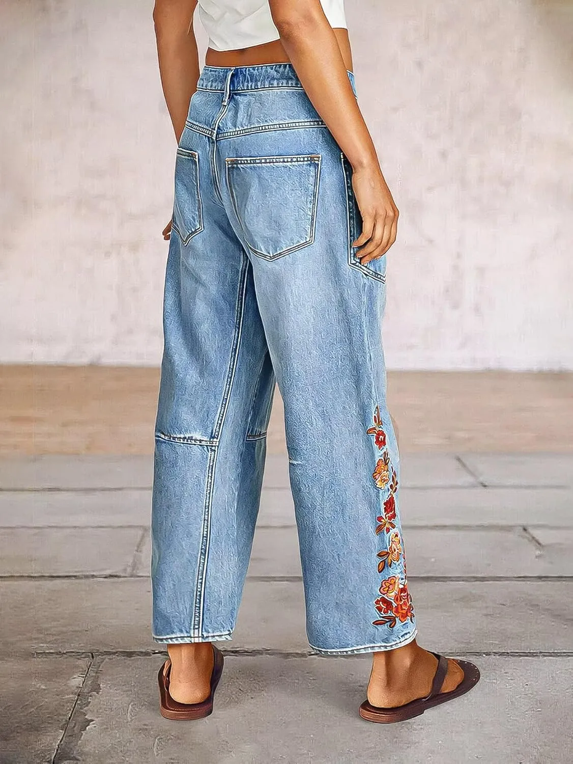 Flamingals Women's Mid Rise Straight Leg Raw Hem Embroidery Side Stitch Detail Casual Jeans