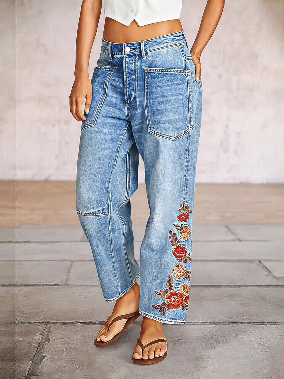 Flamingals Women's Mid Rise Straight Leg Raw Hem Embroidery Side Stitch Detail Casual Jeans