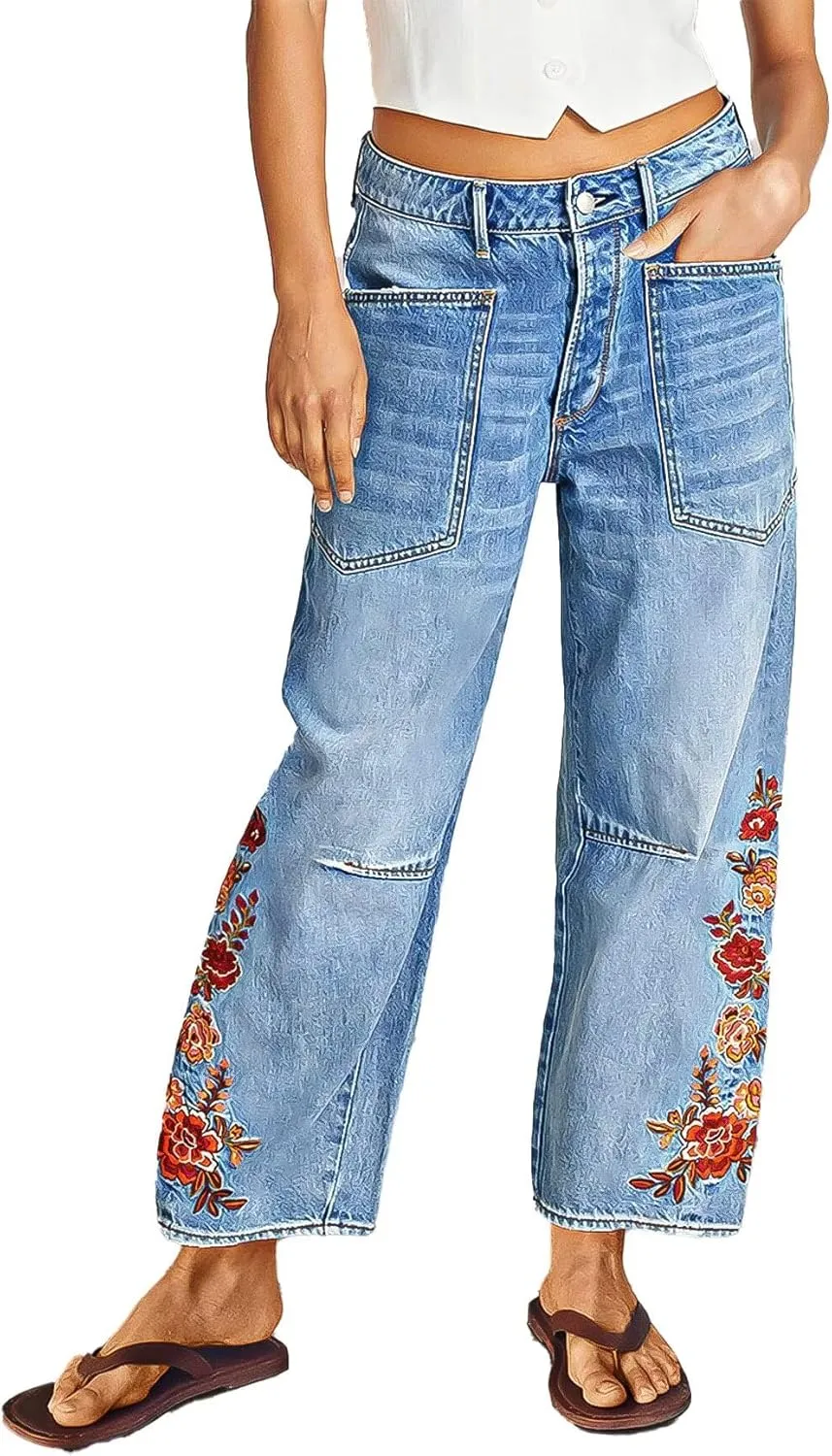 Flamingals Women's Mid Rise Straight Leg Raw Hem Embroidery Side Stitch Detail Casual Jeans