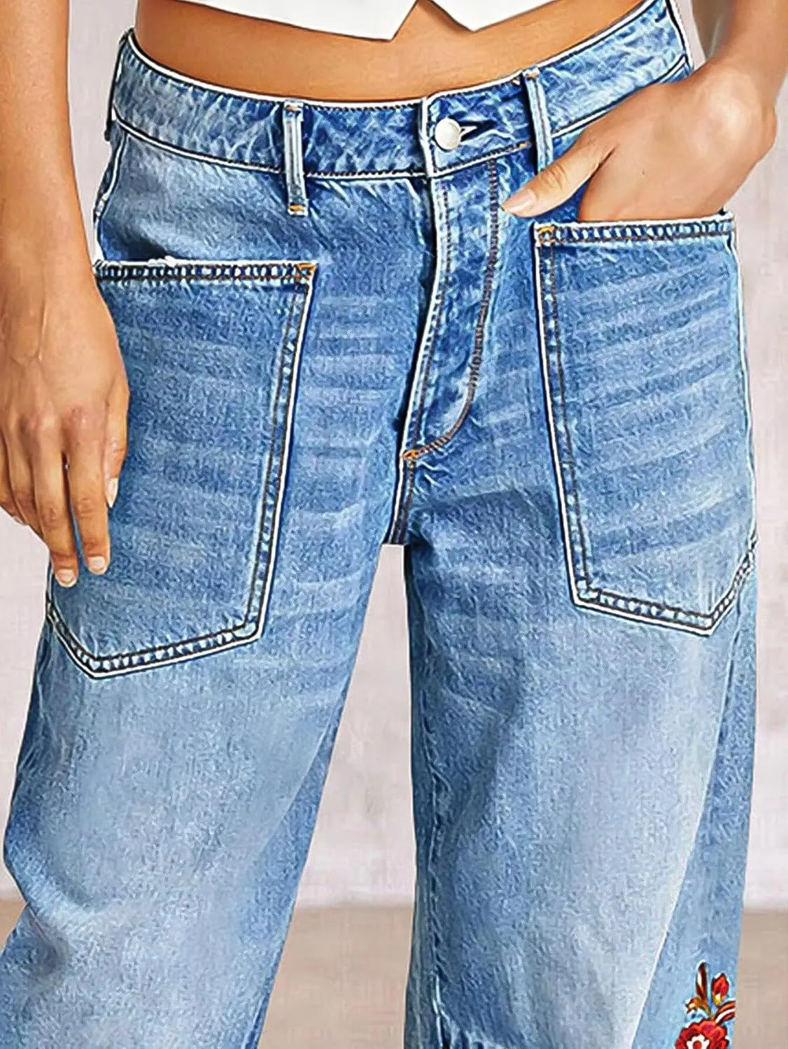 Flamingals Women's Mid Rise Straight Leg Raw Hem Embroidery Side Stitch Detail Casual Jeans