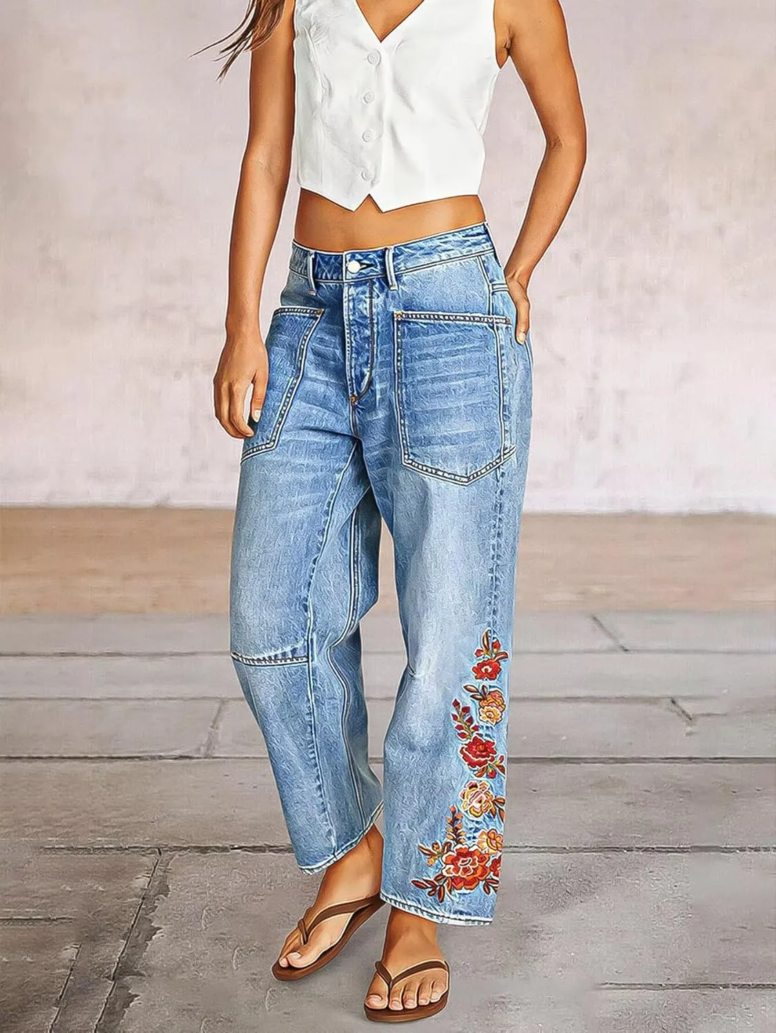 Flamingals Women's Mid Rise Straight Leg Raw Hem Embroidery Side Stitch Detail Casual Jeans