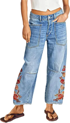 Flamingals Women's Mid Rise Straight Leg Raw Hem Embroidery Side Stitch Detail Casual Jeans