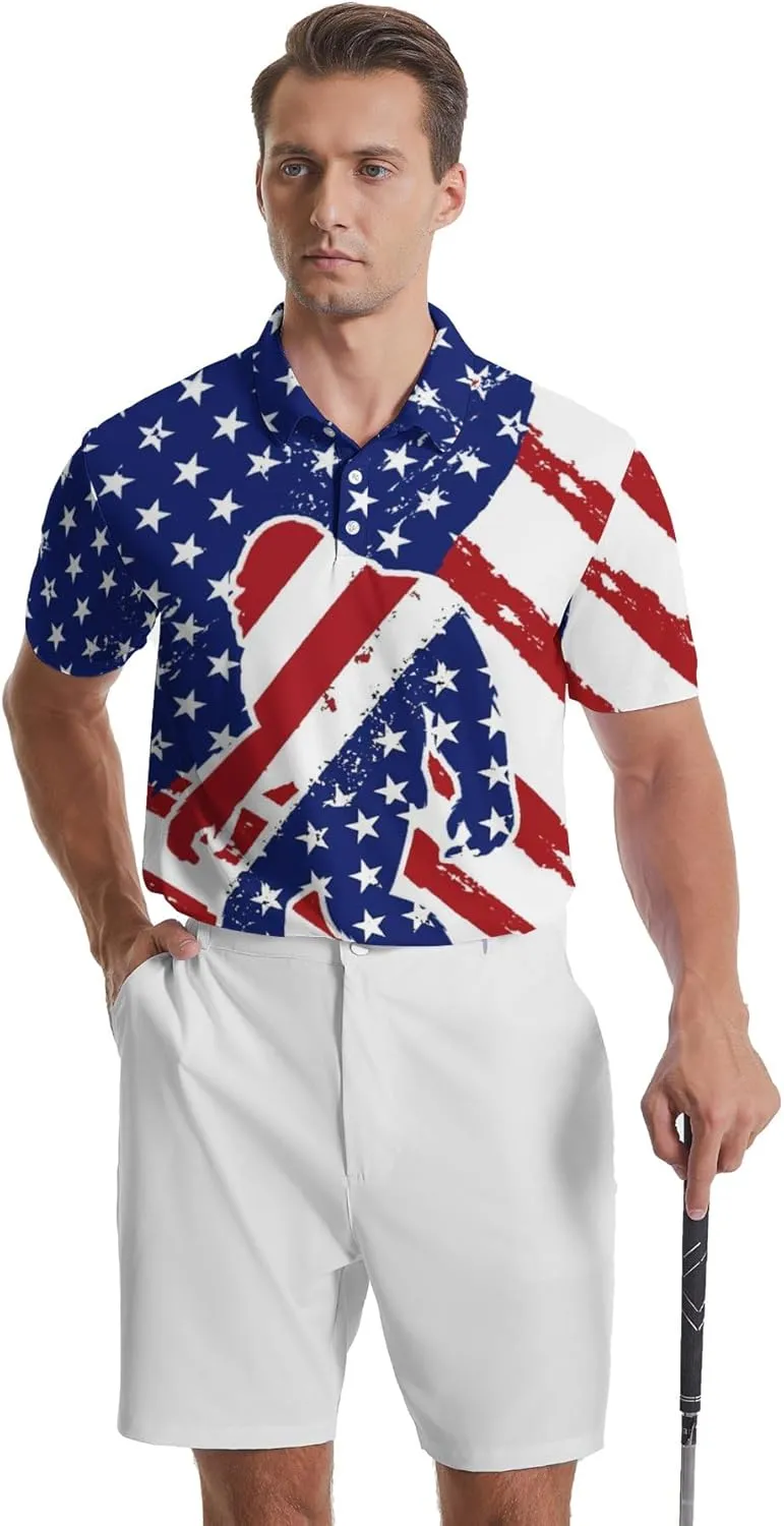 Funny Polo Shirts for Men Short Sleeve Performance Moisture Wicking Golf Shirts Casual Crazy Patriotic Print Mens Polo Shirt