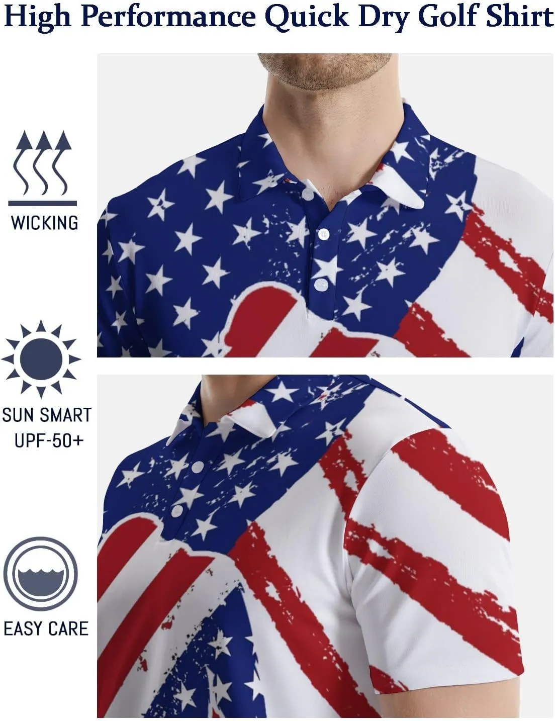 Funny Polo Shirts for Men Short Sleeve Performance Moisture Wicking Golf Shirts Casual Crazy Patriotic Print Mens Polo Shirt