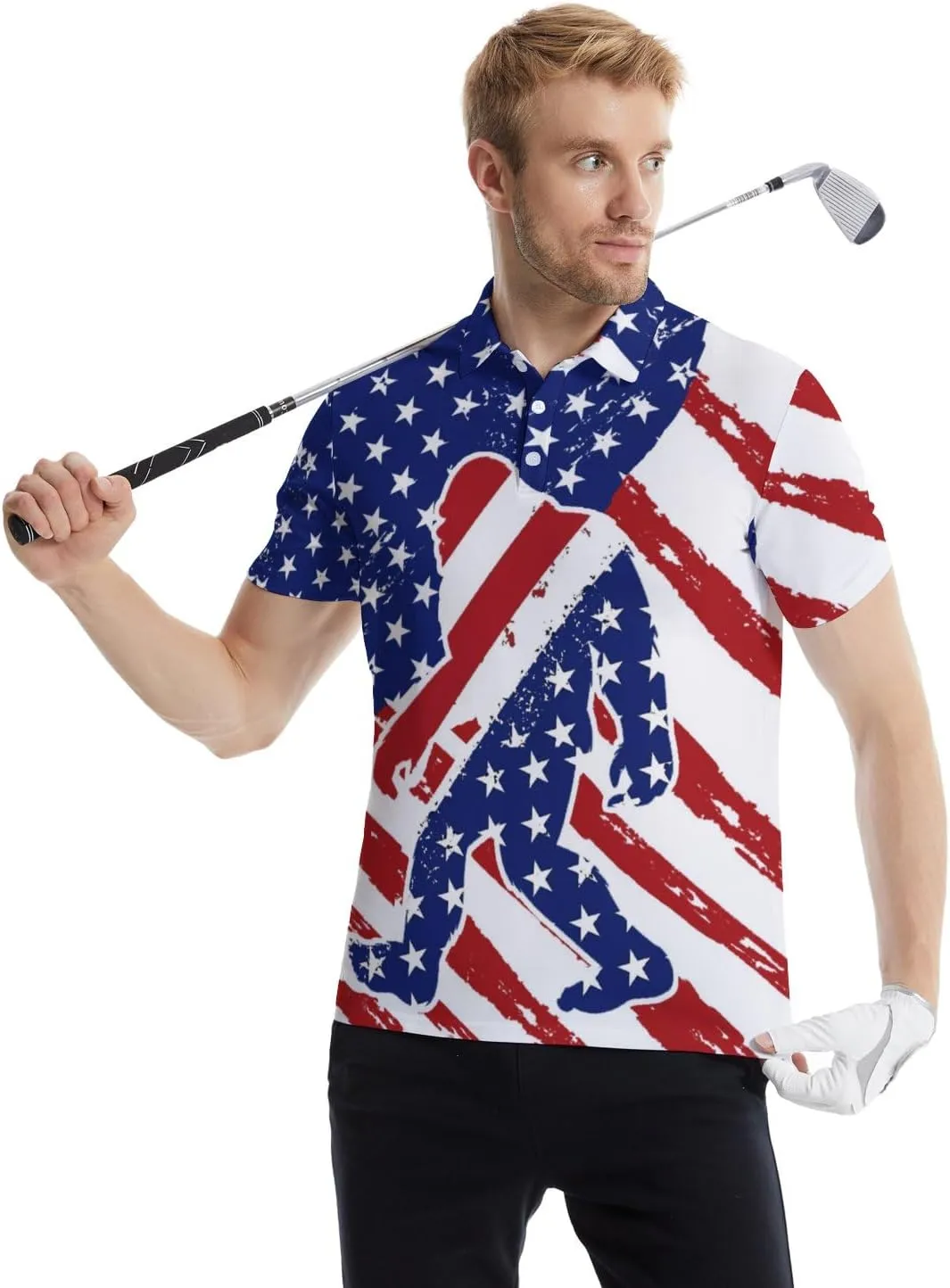 Funny Polo Shirts for Men Short Sleeve Performance Moisture Wicking Golf Shirts Casual Crazy Patriotic Print Mens Polo Shirt
