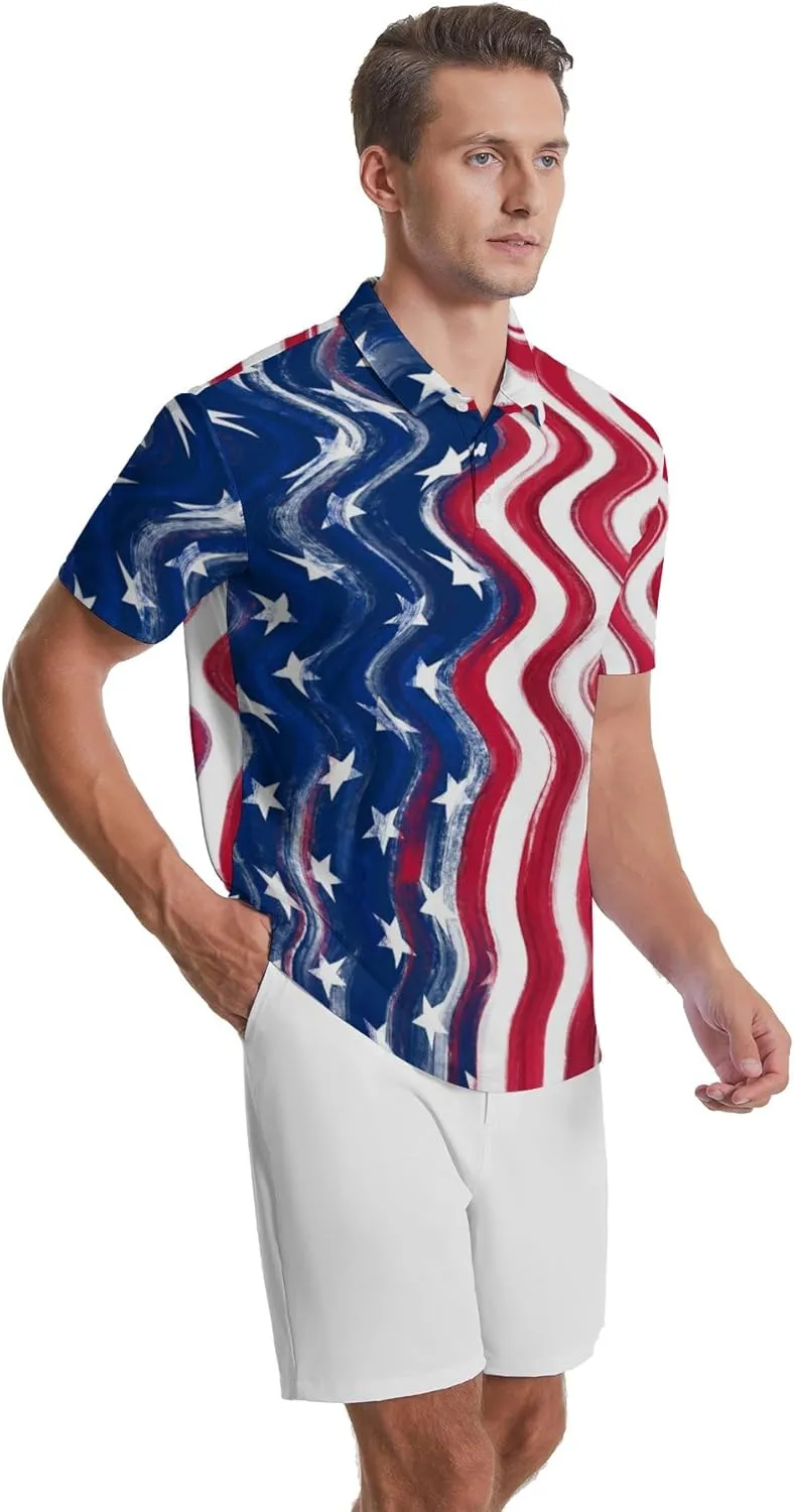 Funny Polo Shirts for Men Short Sleeve Performance Moisture Wicking Golf Shirts Casual Crazy Patriotic Print Mens Polo Shirt