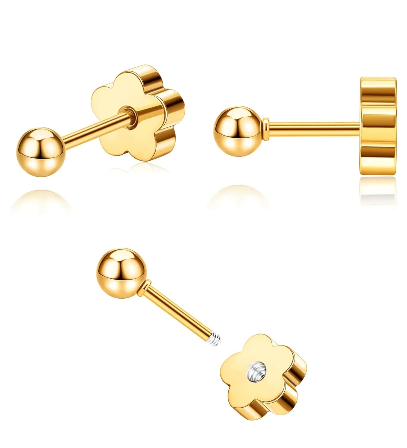 G23 Titanium Flower Screw Back Ball Earrings for Sensitive Skin 14k Gold Ball Stud Earrings for Women 20g Hypoallergenic Handmade Nap Earrings for Cartilage Piercing 2-4mm (Gold Tone, 2mm)