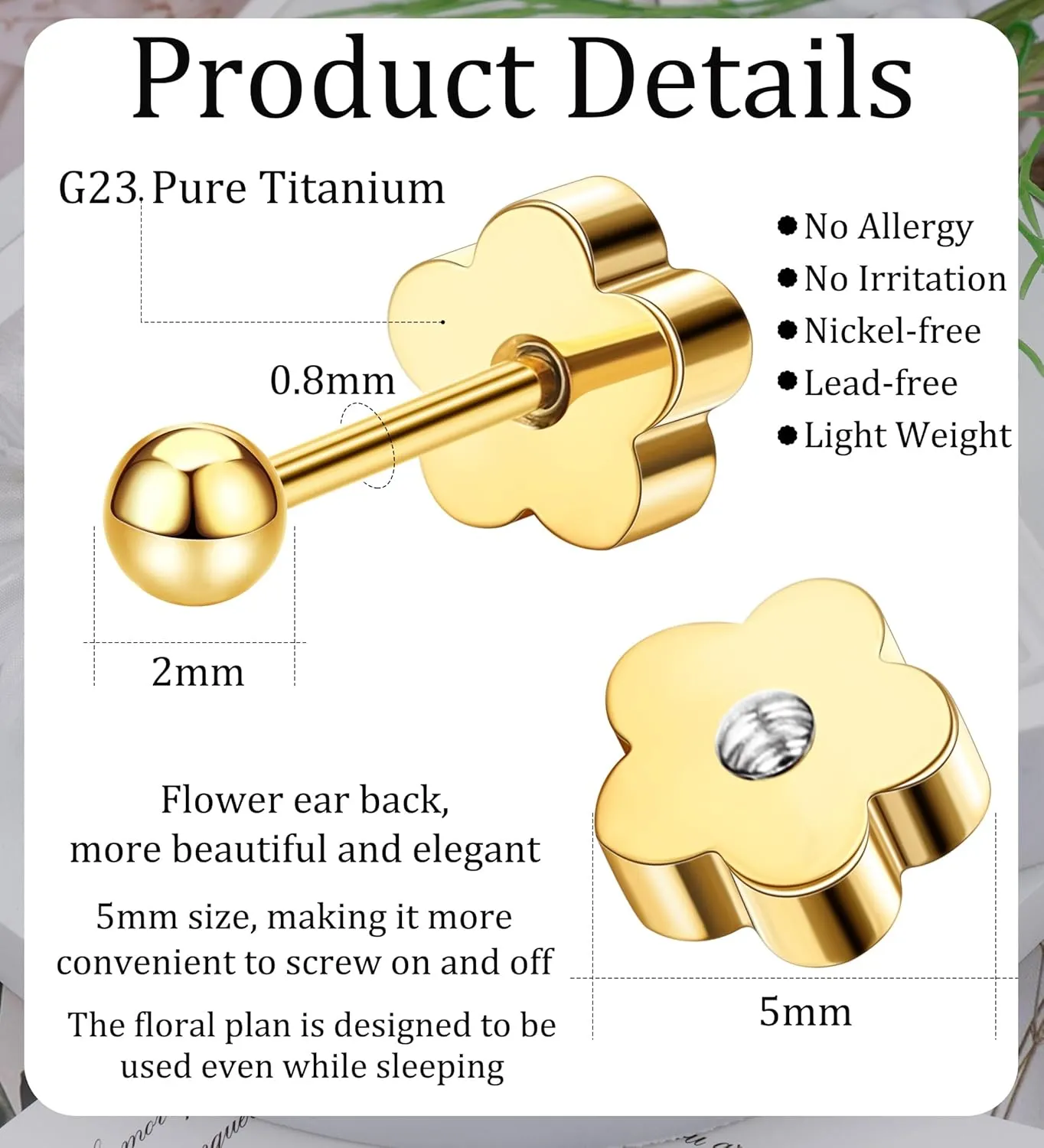 G23 Titanium Flower Screw Back Ball Earrings for Sensitive Skin 14k Gold Ball Stud Earrings for Women 20g Hypoallergenic Handmade Nap Earrings for Cartilage Piercing 2-4mm (Gold Tone, 2mm)