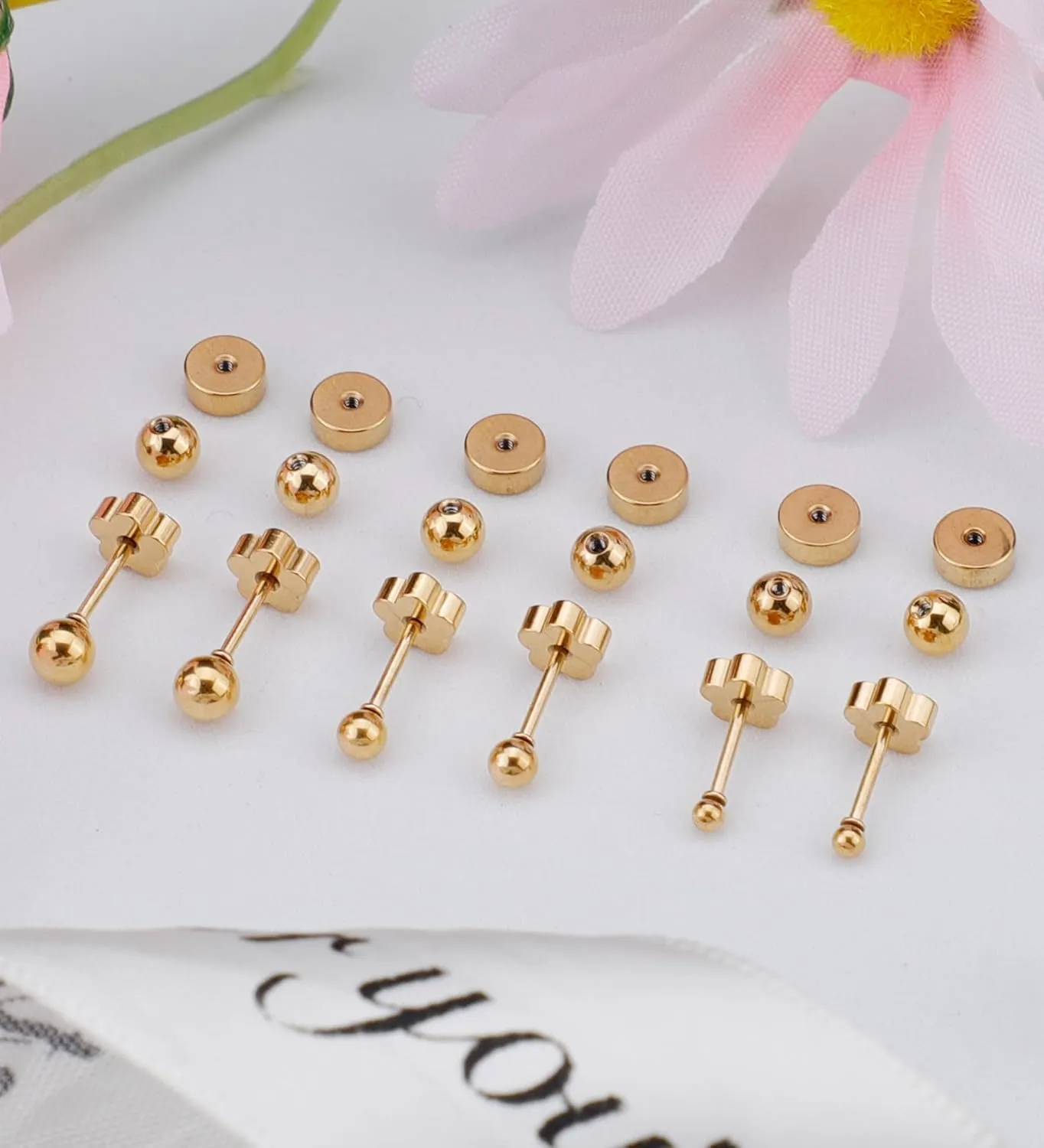 G23 Titanium Flower Screw Back Ball Earrings for Sensitive Skin 14k Gold Ball Stud Earrings for Women 20g Hypoallergenic Handmade Nap Earrings for Cartilage Piercing 2-4mm (Gold Tone, 2mm)