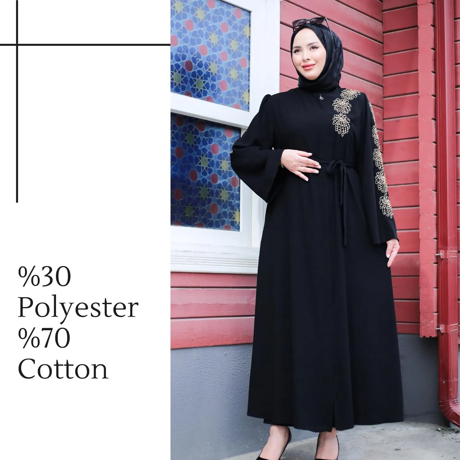 Hijab Abaya for Women | Bead Embroidered and Belted Long Sleeve Zipped Plus Size Women Abaya | Muslim Women Clothing