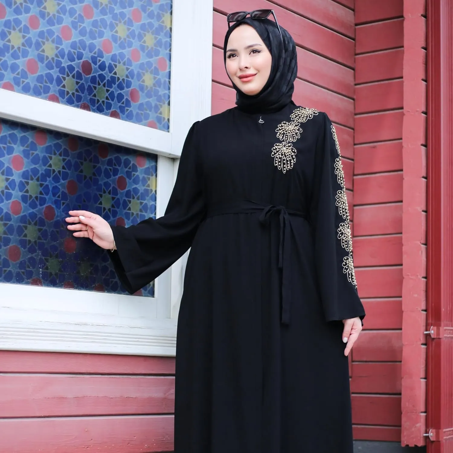 Hijab Abaya for Women | Bead Embroidered and Belted Long Sleeve Zipped Plus Size Women Abaya | Muslim Women Clothing