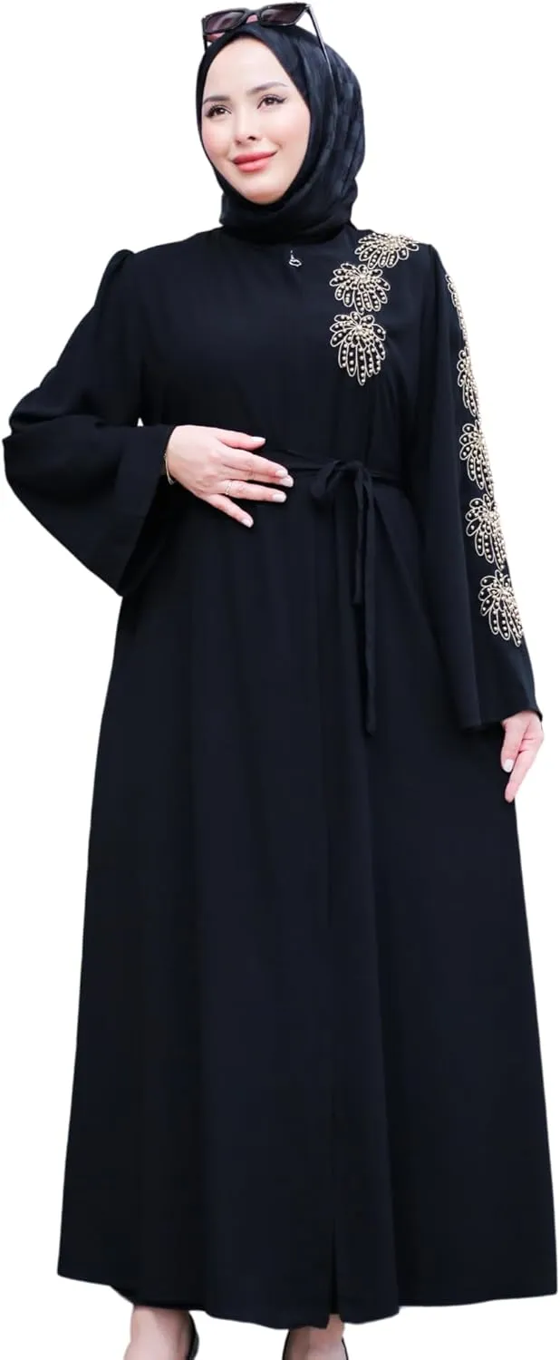 Hijab Abaya for Women | Bead Embroidered and Belted Long Sleeve Zipped Plus Size Women Abaya | Muslim Women Clothing