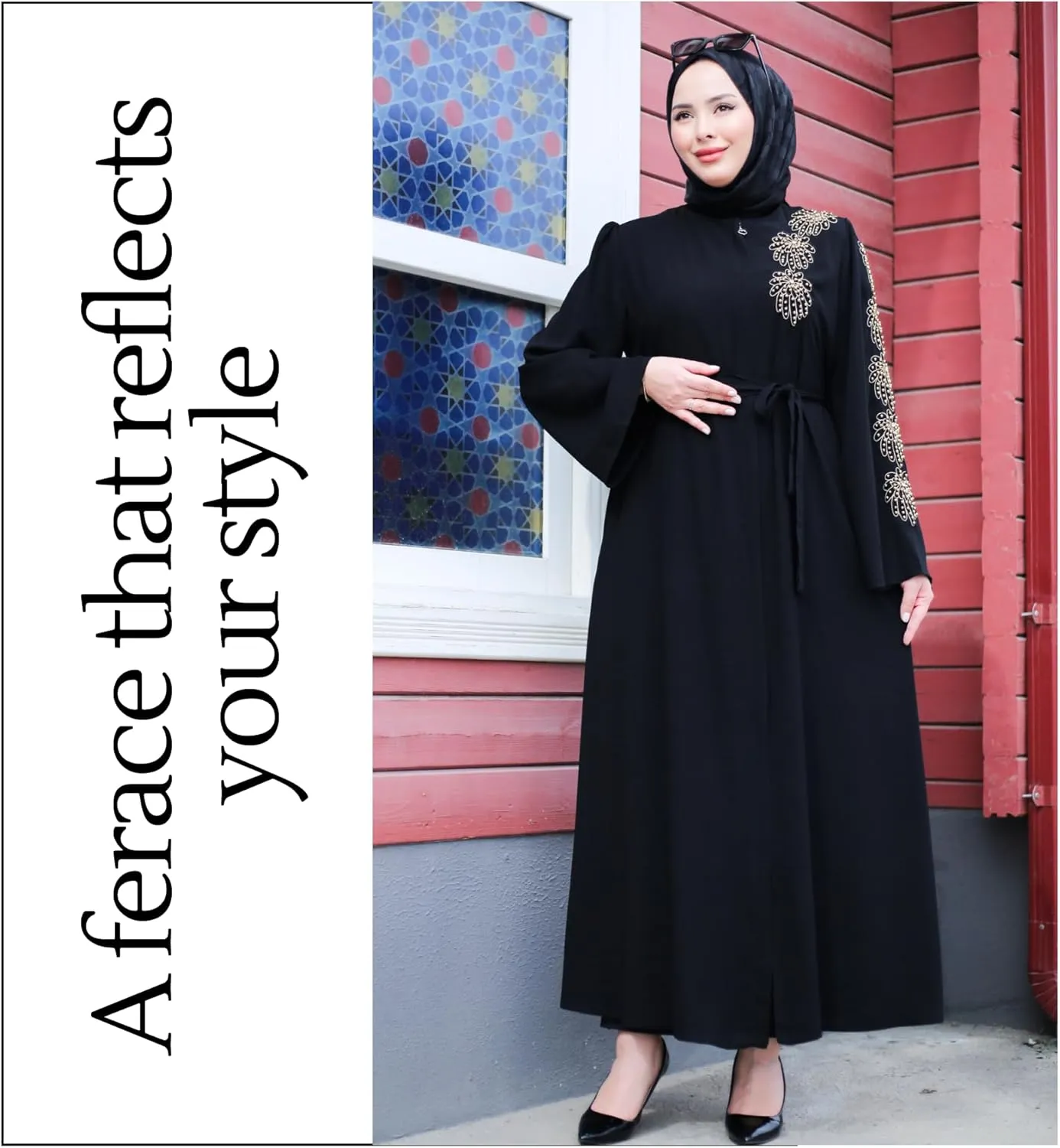 Hijab Abaya for Women | Bead Embroidered and Belted Long Sleeve Zipped Plus Size Women Abaya | Muslim Women Clothing