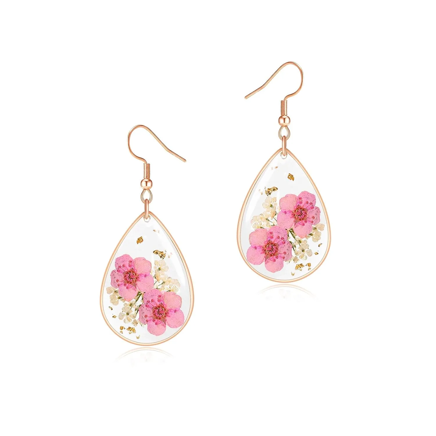 Jayden Earrings for Women - Real Flower Small Earrings - Daffodil and Queen Anne's Lace Pressed Flower Earrings,Handmade Unique Resin Earrings Perfect for Parties or Gifting(Rose Gold)