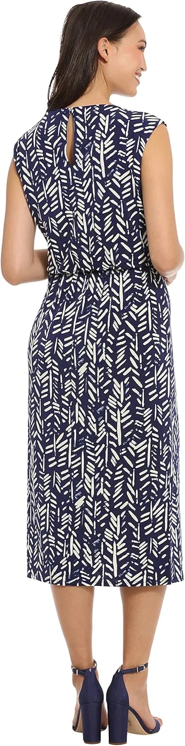 London Times Women's Belted Waist Crew Neck Midi Dress Polished Slimming Career Chic