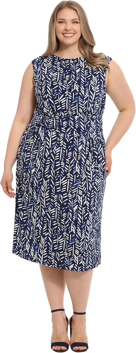 London Times Women's Belted Waist Crew Neck Midi Dress Polished Slimming Career Chic