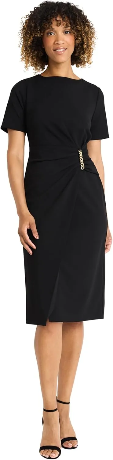 Maggy London Women's Short Sleeve Knee-Length Sheath Dress-Gathered Waist with Gold Chain Detail