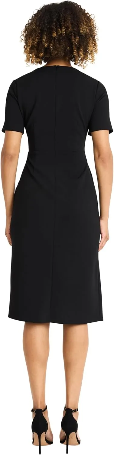 Maggy London Women's Short Sleeve Knee-Length Sheath Dress-Gathered Waist with Gold Chain Detail