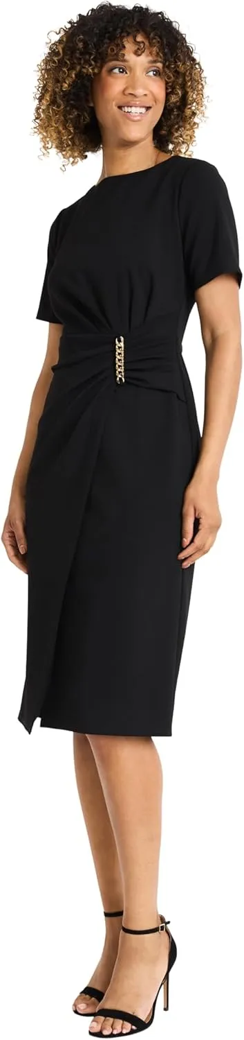Maggy London Women's Short Sleeve Knee-Length Sheath Dress-Gathered Waist with Gold Chain Detail