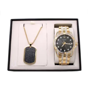 MEN'S YELLOW TONE STAINLESS STEEL WATCH AND NECKLACE