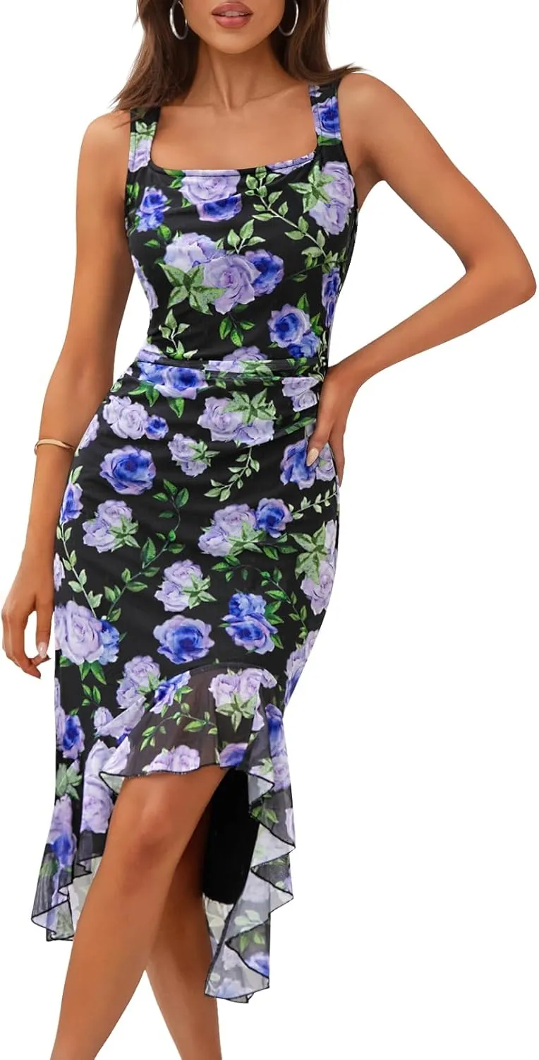 MEROKEETY Women's Summer Floral Bodycon Dress Square Neck Sleeveless Ruffle Hem Cocktail Mesh Midi Dress