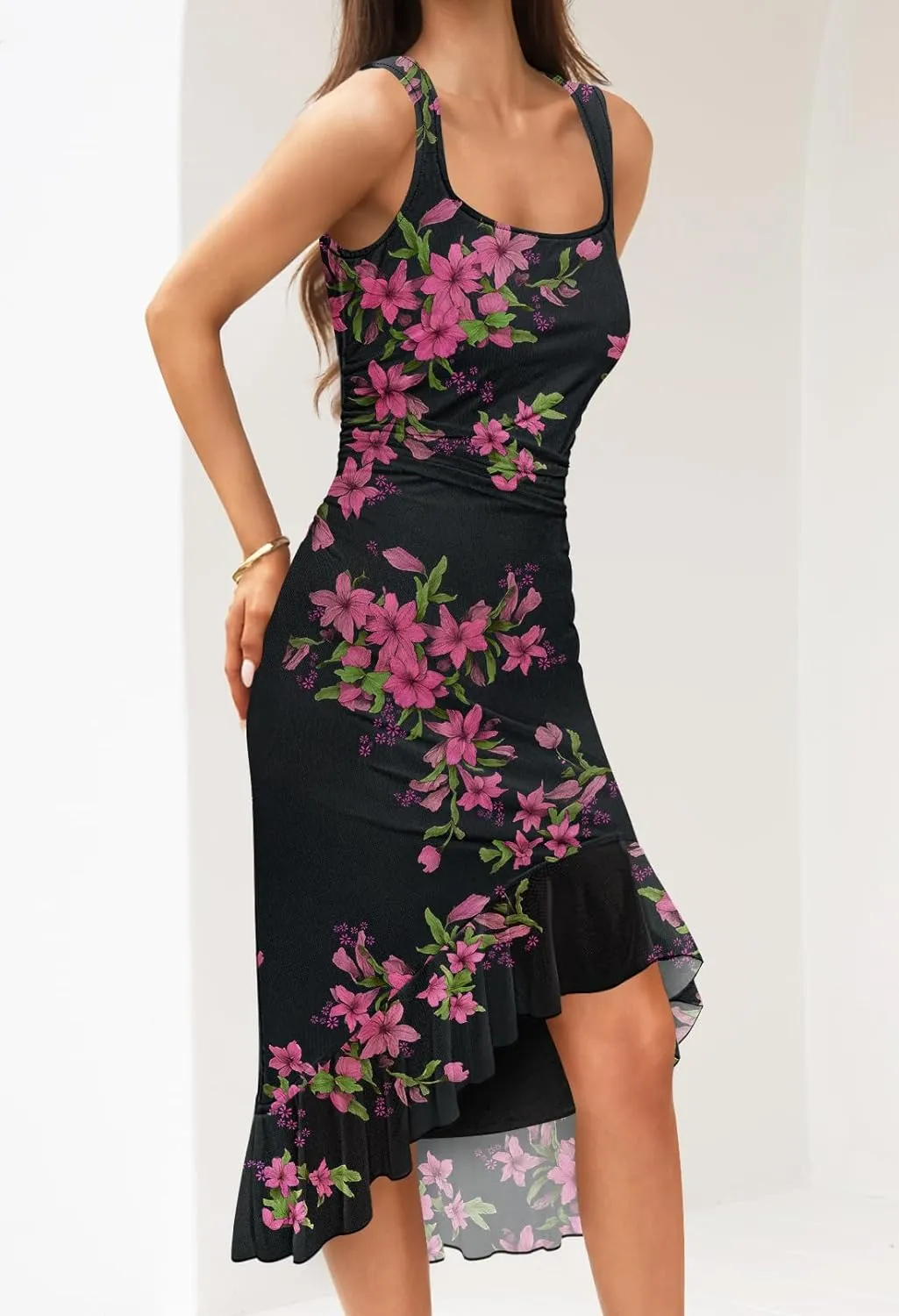 MEROKEETY Women's Summer Floral Bodycon Dress Square Neck Sleeveless Ruffle Hem Cocktail Mesh Midi Dress