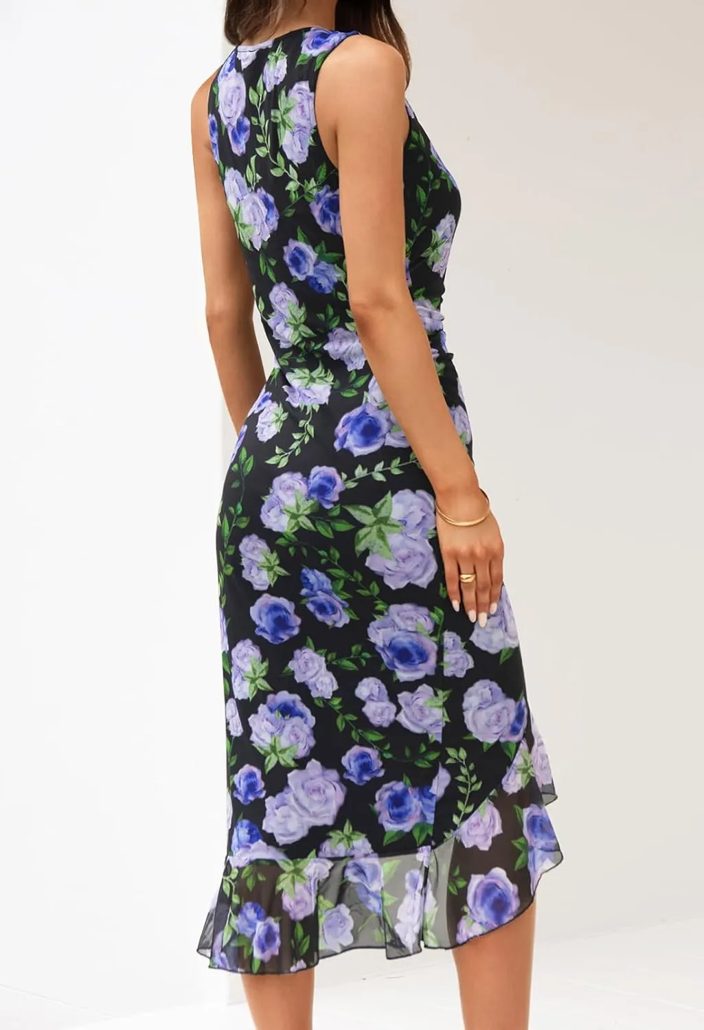 MEROKEETY Women's Summer Floral Bodycon Dress Square Neck Sleeveless Ruffle Hem Cocktail Mesh Midi Dress