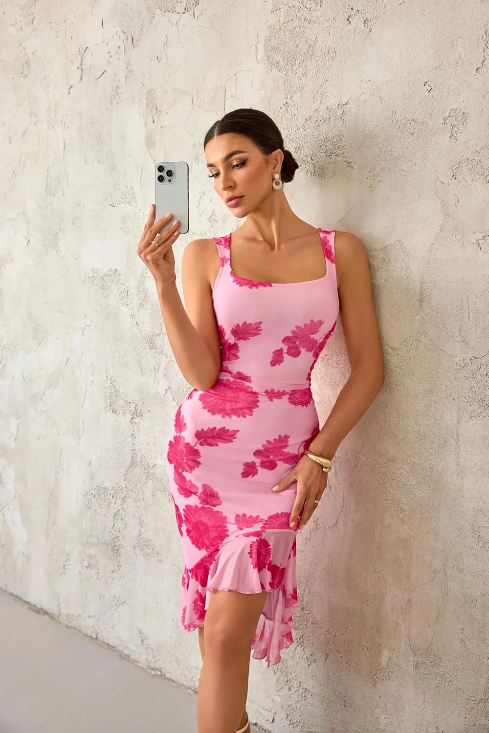 MEROKEETY Women's Summer Floral Bodycon Dress Square Neck Sleeveless Ruffle Hem Cocktail Mesh Midi Dress