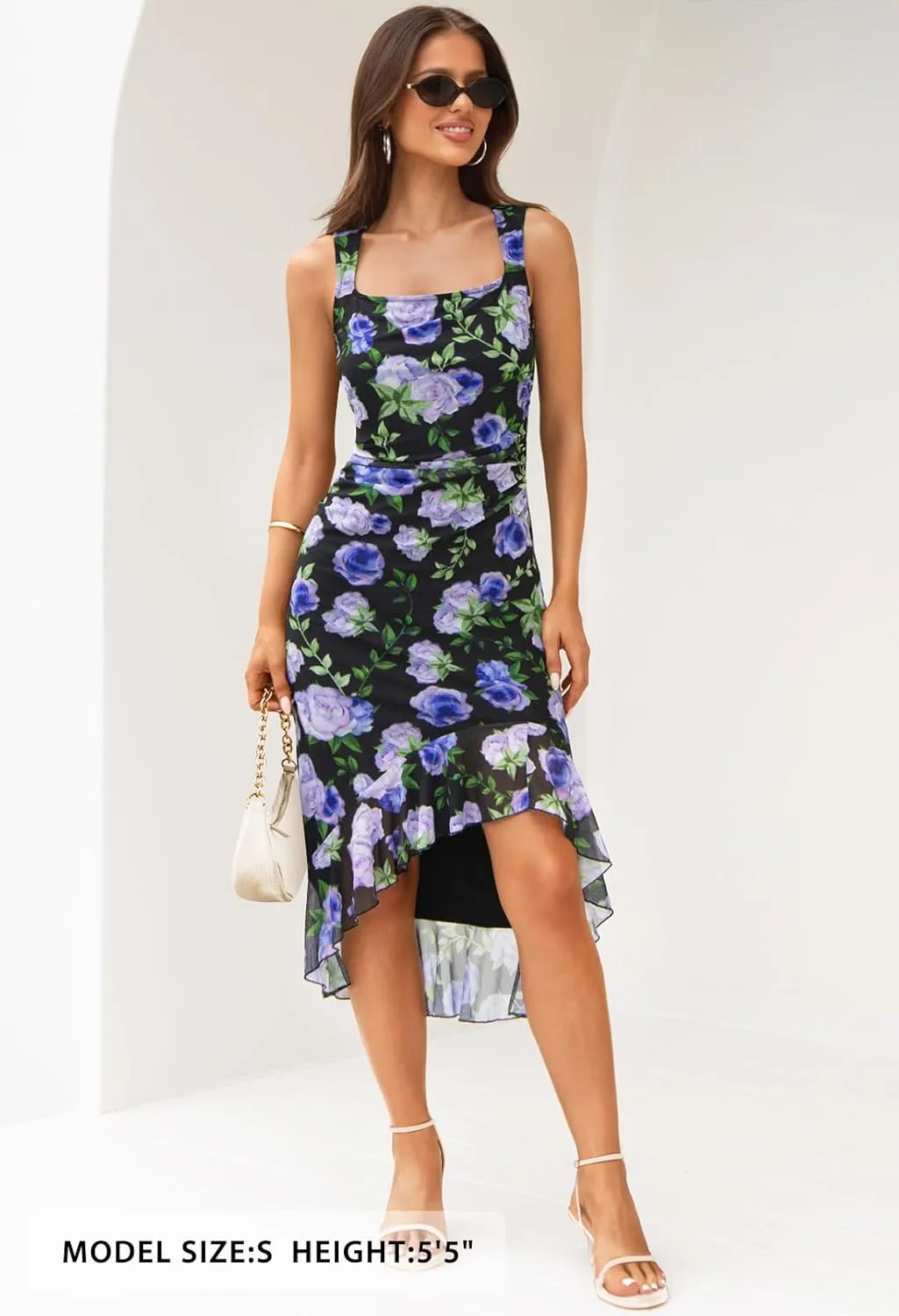 MEROKEETY Women's Summer Floral Bodycon Dress Square Neck Sleeveless Ruffle Hem Cocktail Mesh Midi Dress